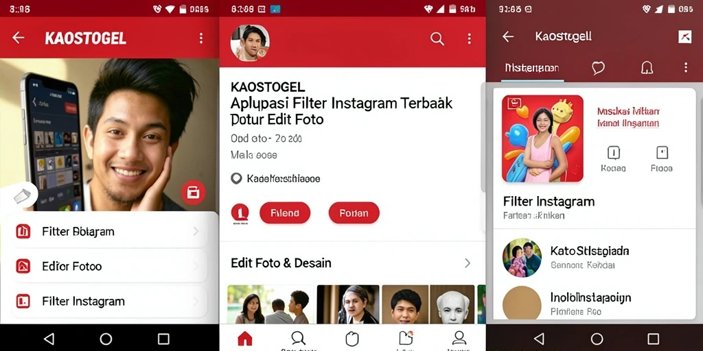Antarmuka KAOSTOGEL dengan berbagai filter Instagram yang menarik.