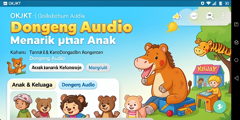 Antarmuka aplikasi OKJKT dengan pilihan dongeng audio yang variatif.